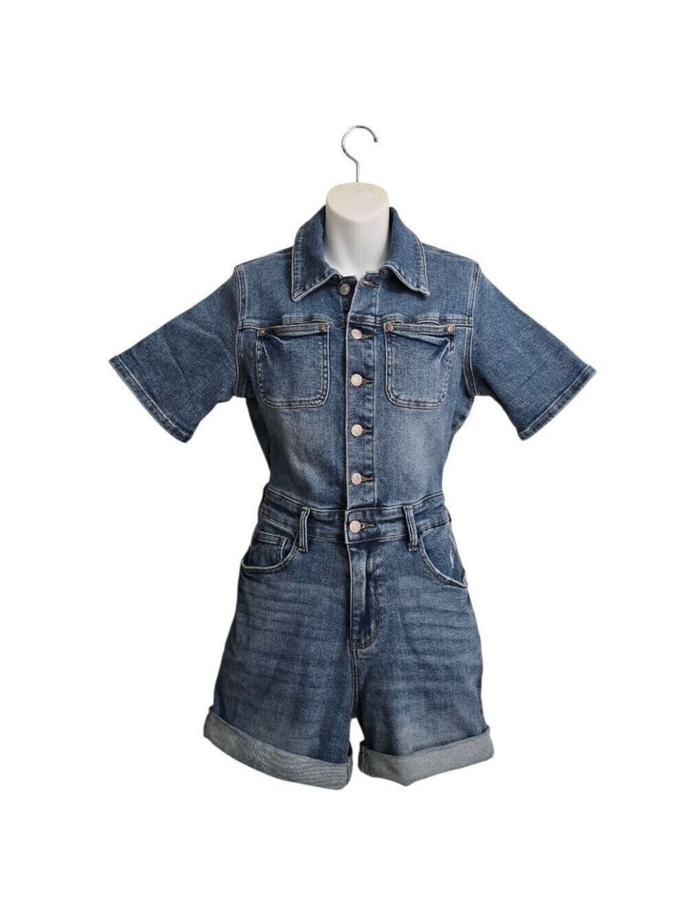 Judy Blue Sunshine Serenade Short Sleeve Denim Romper in Medium Wash Sz S